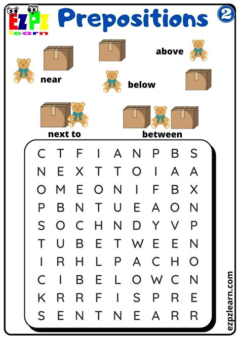 Prepositions Of Place Word Search Worksheet For Kindergarten And Esl