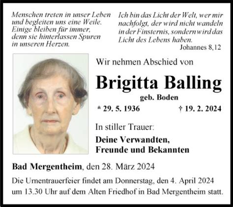 Traueranzeigen Von Brigitta Balling Trauerportal Ihrer Tageszeitung