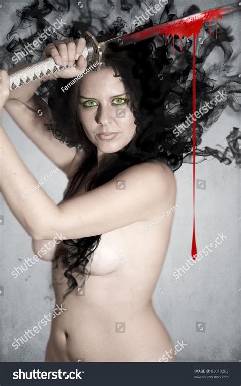 Beautiful Brunette Warrior Holding Katana Sword Stock Photo 83010262 Shutterstock