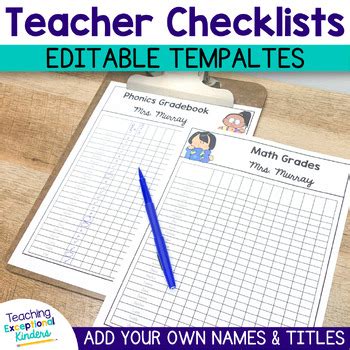 Editable Teacher Checklists Editable Grade Book Templates TPT