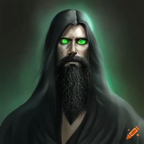 Wizard With Green Eyes Black Beard And Robe Holding A Scepter On Craiyon