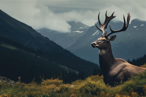 Premium Ai Image Majestic Red Deer With Large Antlers In The Mountains