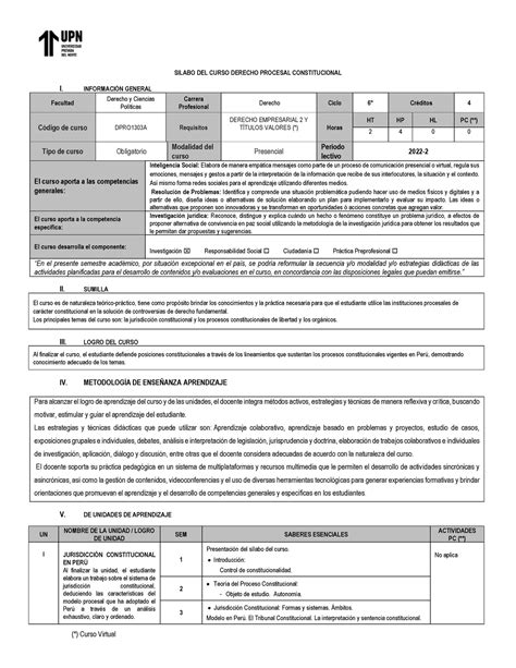 Silabo UPN Dderecho Procesal Constitucional Curso Virtual SILABO