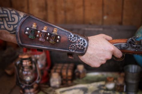 Steampunk Potion Leather Bracer Embossed Vambrace With 3 Bottle Potions