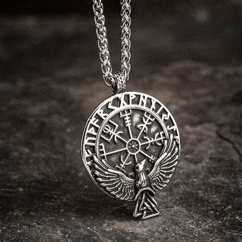 Stainless Steel Vegvisir And Raven Necklace Norse Spirit