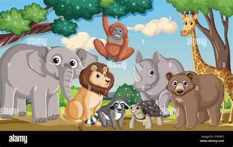 Vibrant cartoon illustration showcasing a variety of wild animals in ...