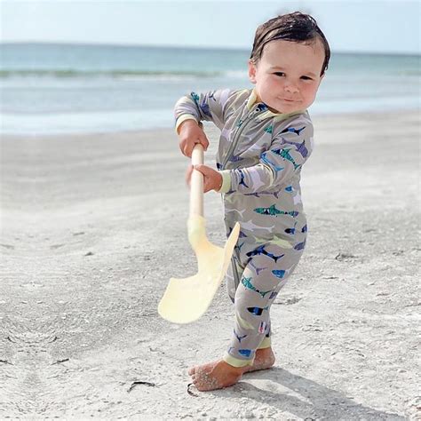 SwimZip Boy's Long Sleeve Sunsuit One-Piece Romper - Shark Feast Gray