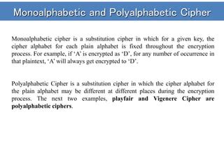 Caesar Cipher , Substitution Cipher, PlayFair and Vigenere Cipher | PPT