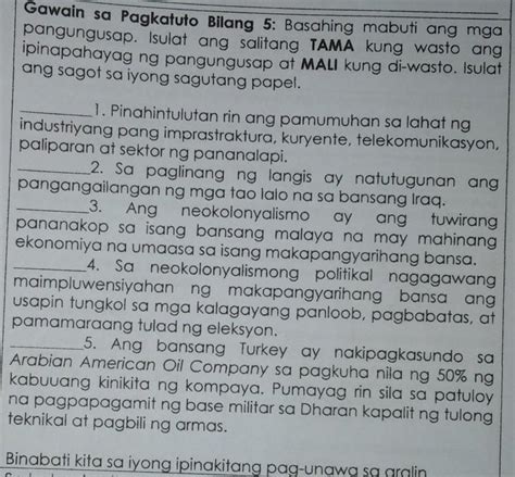 Gawain Sa Pagkatuto Bilang 5 Basahing Mabuti Ang Mga Pangungusap