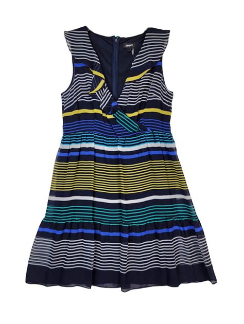 DKNY Women Ruffle Striped Fit Flare Dress Sleeveles Gem