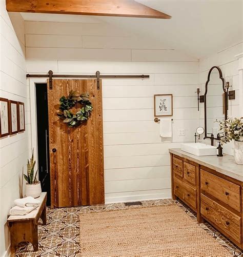 White Shiplap Bathroom With Sliding Wood Door Soul Lane