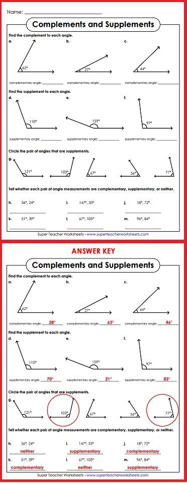 Complementary And Supplementary Angles Worksheet Pdf With Answers ...