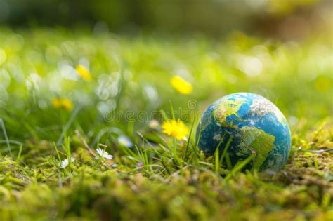 A Miniature Earth Globe Nestled In Vibrant Sunlit Grass Symbolizing