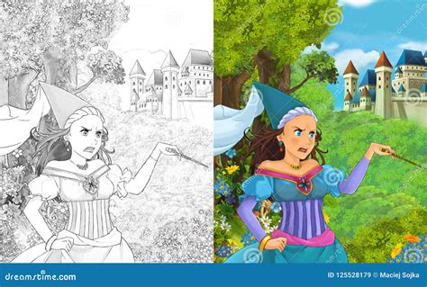 Cartoon Scene With Beautiful Princess Sorceress In The Forest Near The Castle Stock Illustration