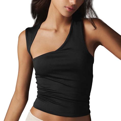 Hwmodou Women Tanks Tops Womens Solid Color Asymmetric Neckline Sexy