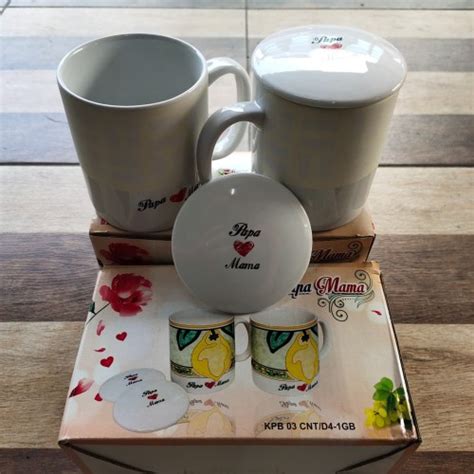 Jual Mug Papa Mama Gelas Set Cangkir Keramik KOPIN Isi 2 Pcs Tutup