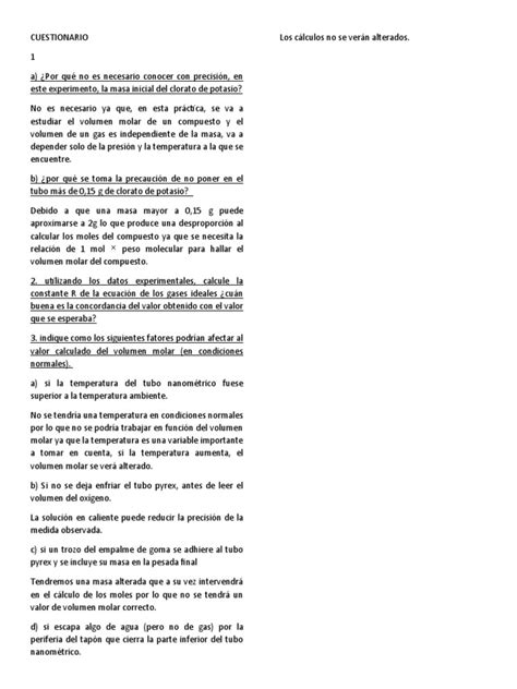 Cuestionario Volumen Molar | PDF 