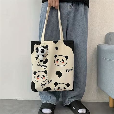 Panda Printed Large Capacity Canvas Tote Bag Durable Lightweight