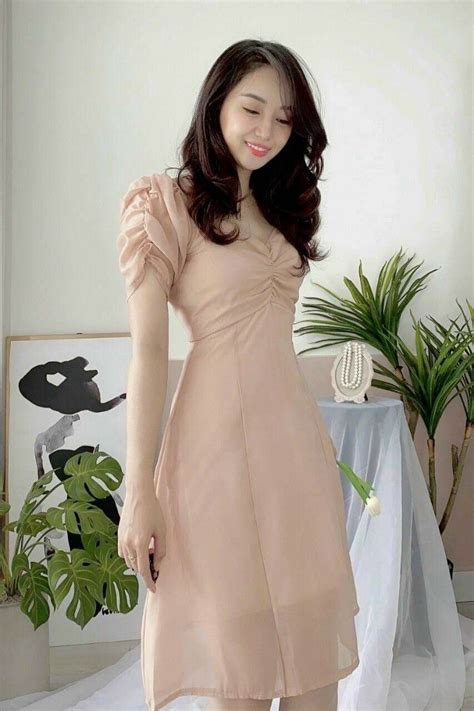 Nude Color Formal Dress Shirred Sleeve Party Dress Graduation Dress Women S Fashion Dresses