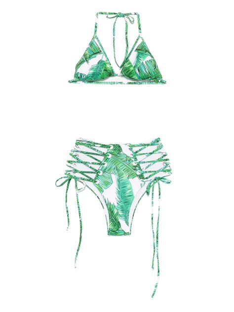 Noire Swimwear Leaf Print Bikini Green Farfetch Uk