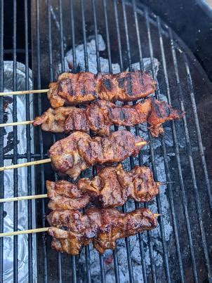 Skewered Chicken Thighs On My Weber Kettle Over Fogo Charcoal Rub Was Meat Church The Gospel