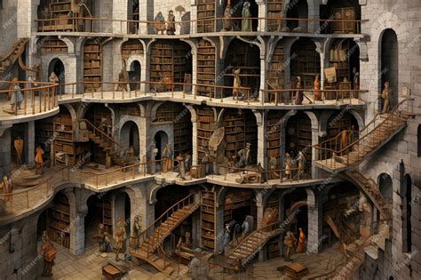 Premium Photo | Illustration of a vast library inside a medieval tower ...