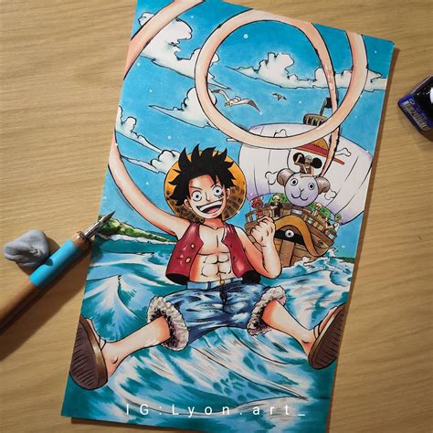 This is my drawing of Luffy with the Going merry! : r/OnePiece