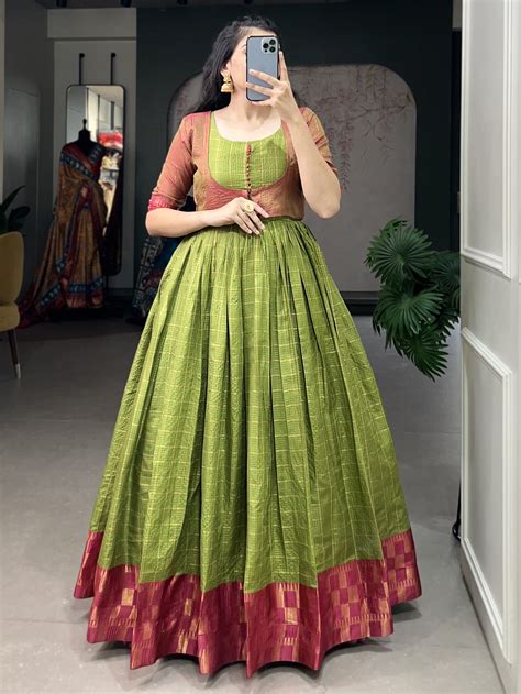 Precious Light Green Zari Weaving Cotton Traditional Gown With Koti L Traditional Gowns Long