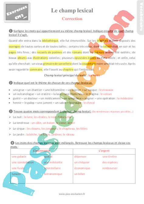 Evaluation avec la correction au CM2 Le champ lexical Bilan PDF à