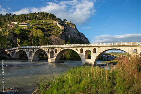 Historical Arched Bridge Over The Osumi River In Berat Albania Stock