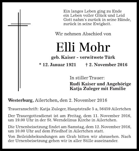 Traueranzeigen Von Elli Mohr Rz Trauer De