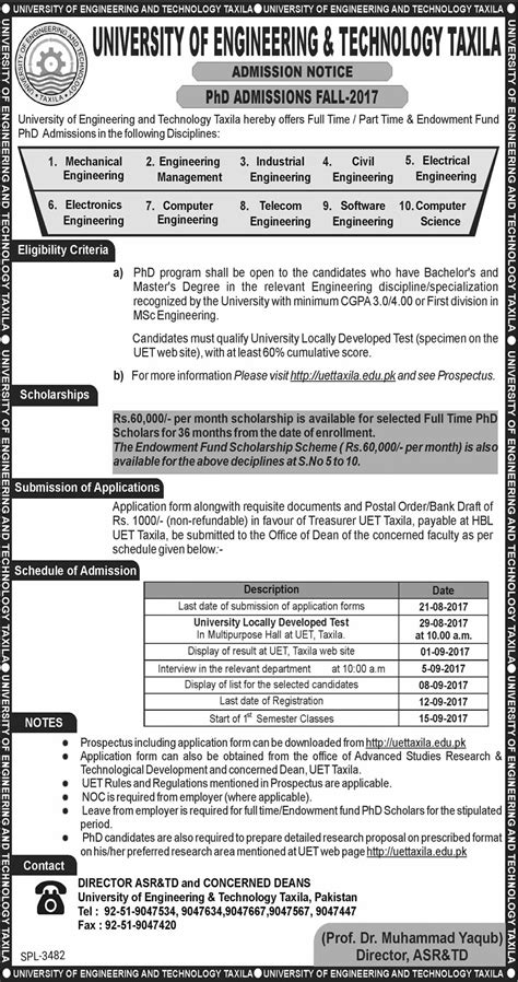 UET Taxila PhD Admission 2018 Fall Schedule Application Form