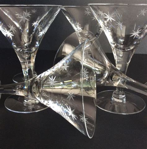 8 Mid Century Modern Atomic Star Starburst Etched Glass 1950s Coupe Champagne Martini