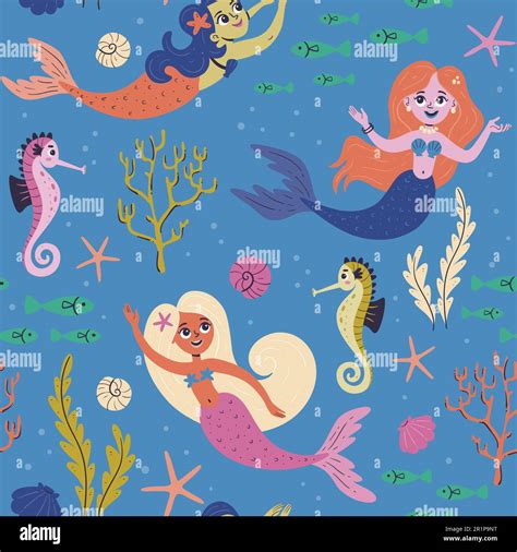 Mermaid Seamless Pattern Cute Mermaids Swimming In The Sea With