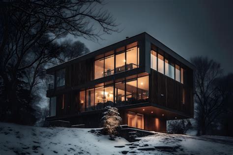 Uma Casa Uma Grande Frente De Vidro E Uma Paisagem De Neve Noite