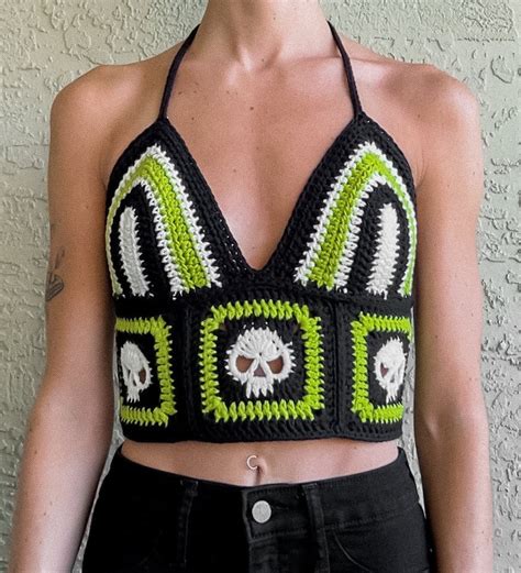 Skull Granny Square Crochet Crop Top Size Small Medium Etsy