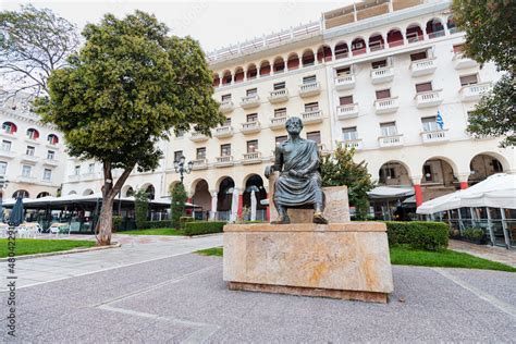 21 October 2021, Thessaloniki, Greece: Statue of the famous philosopher ...