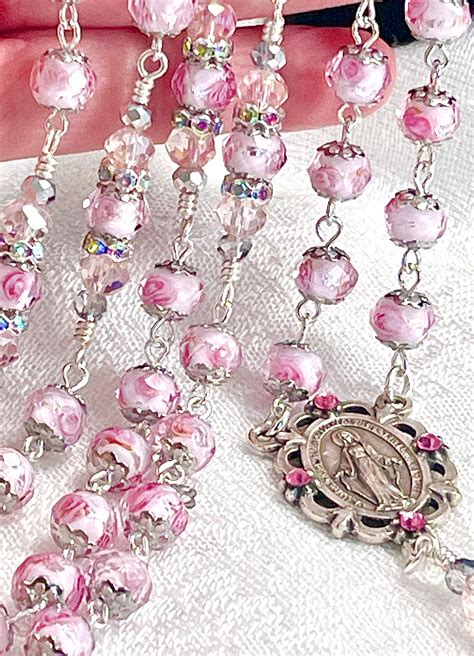 ROSEBUD PINK CRYSTAL Rosary Catholic Wedding Aurora Borealis Lampwork