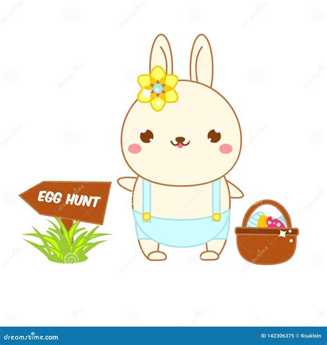 Cute Easter Bunny With Eggs Cartoon Kawaii Rabbit Going Egg Hunt