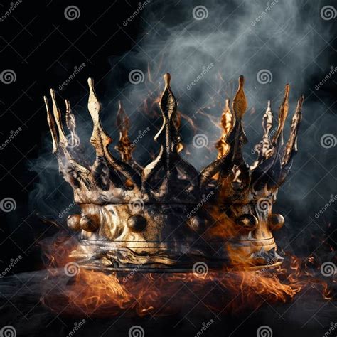 Golden Crown On Fire Metal Headpiece On Black Background Fire And