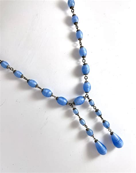 Vintage Necklace Czech Art Deco Pearly Blue Glass Beads Etsy