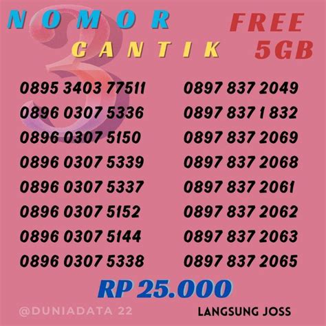 Jual Nasiona KARTU PERDANA NOMOR CANTIK TRI THREE 3 NOCAN FREE KUOTA