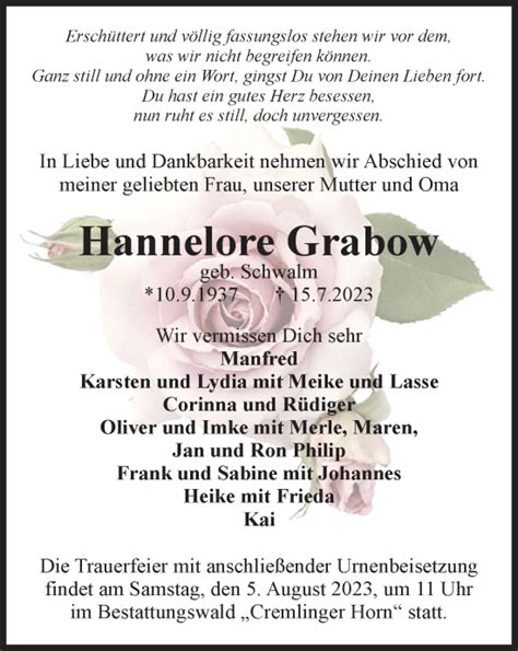 Traueranzeigen Von Hannelore Grabow Trauer De