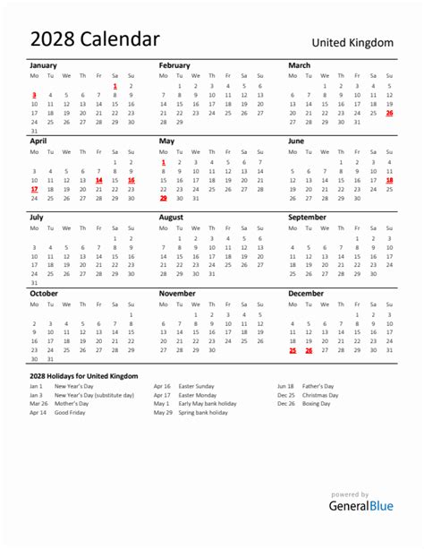 2028 United Kingdom Calendar with Holidays