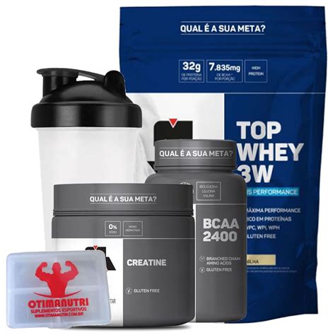 Combo Top Whey 1800g Baunilha Creatina 150g BCAA Porta Caps