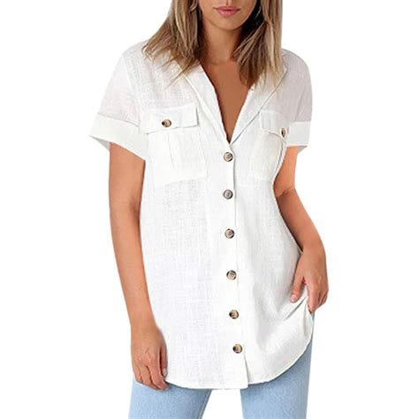 Feitong T Shirt Women Button Shirts Pocket Short Sleeve Tunics Loose