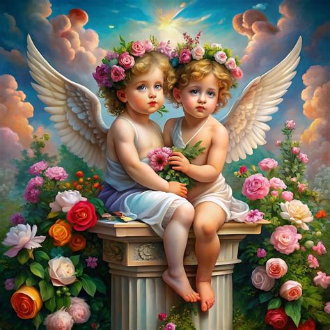 Fotos De Anjos Bebês - Dois belos bebês anjos com asas sentados numa coluna do templo | imagem ...