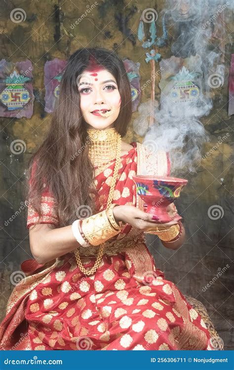 Concept Agomoni Shoot Traditional Bengali Woman Performing The Dhunuchi