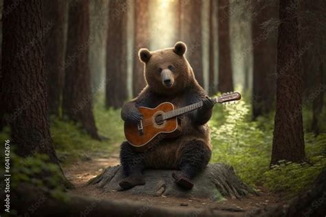 Funny Bear Playing The Guitar In The Forest Ai Generated Stock