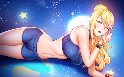 Blonde Big Boobs Belly Blue Eyes Samus Aran Pink Lady Mage Lying